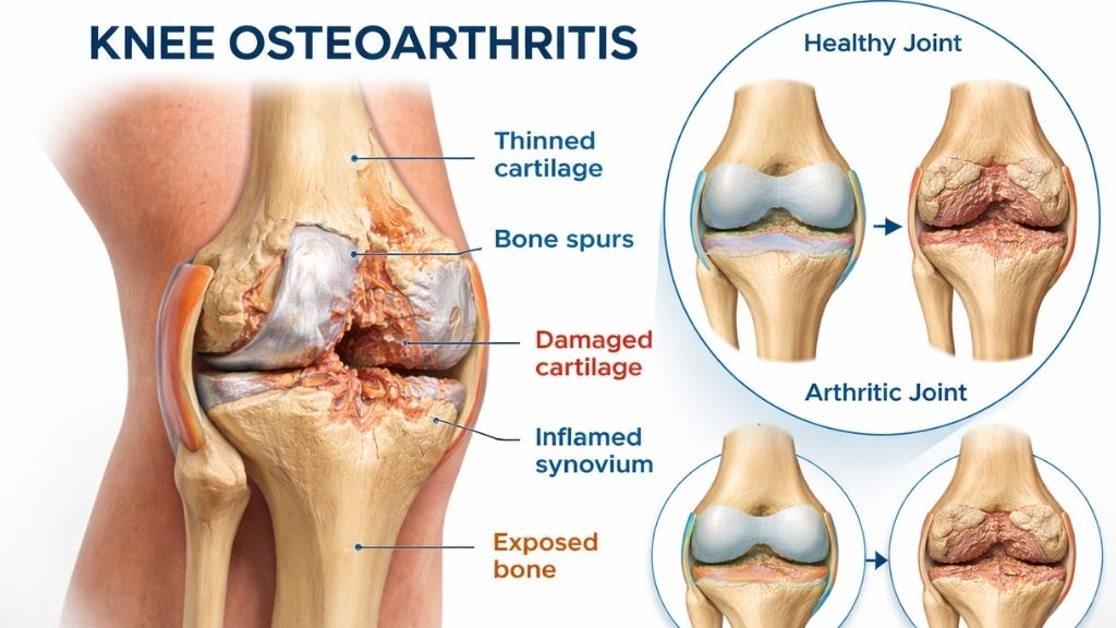 Ilustrație anatomică care arată osteoartrita avansată a genunchiului cu pierderea cartilajului și leziuni articulare