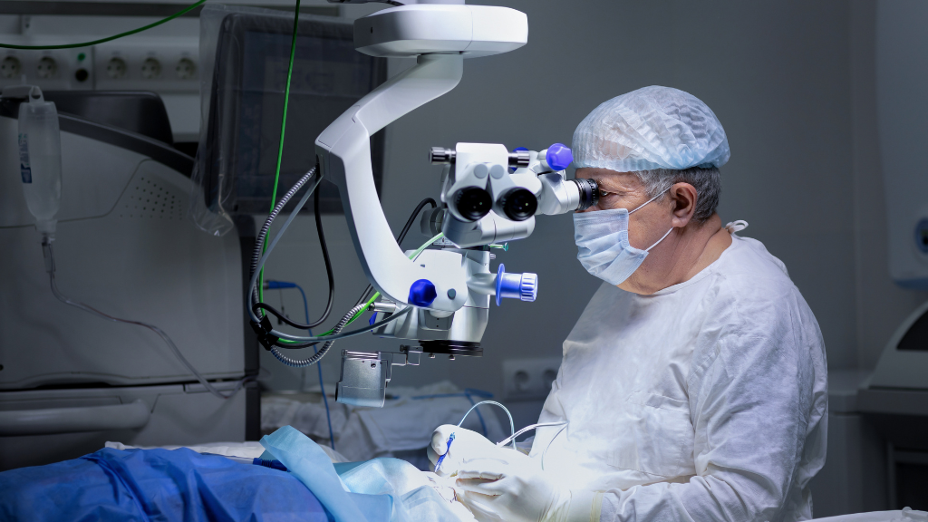 Ophthalmologist performing eye surgery in a hospital operating room