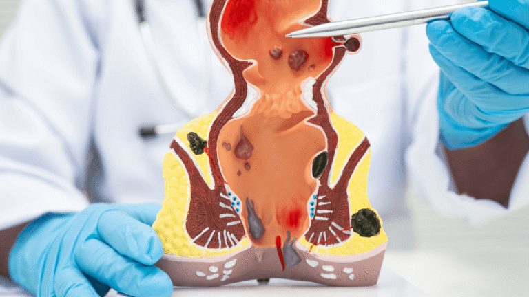 Médico explicando la enfermedad de hemorroides a un paciente utilizando un modelo médico en una clínica.