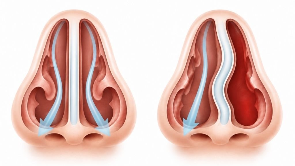 Illustration médicale représentant une cloison nasale normale et une cloison nasale déviée affectant le passage de l'air dans le nez