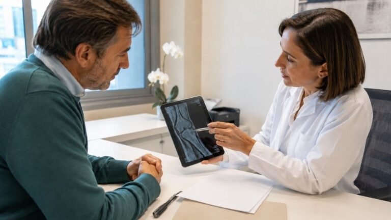 Doctor reviewing medical documents with a patient before surgery in Spain